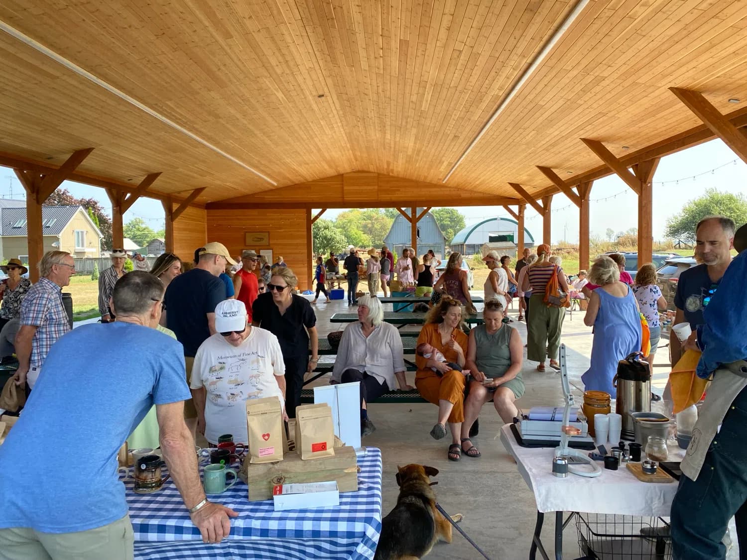 Visitors browsing tables at the Saturday market